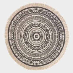 Black & White 100% Cotton Mandala Printed Round Rug