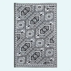 Black & White Outdoor Rug With Geometric Aztec Design, 120 X 180 Cm