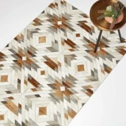 Cream & Brown Geometric Leather Rug, 90 X 150 Cm