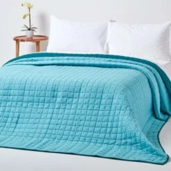 Cotton Quilted Reversible Bedspread Teal & Blue 10 Cotton Quilted Reversible Bedspread Teal & Blue -Best Homeware Store sf1112 4 3