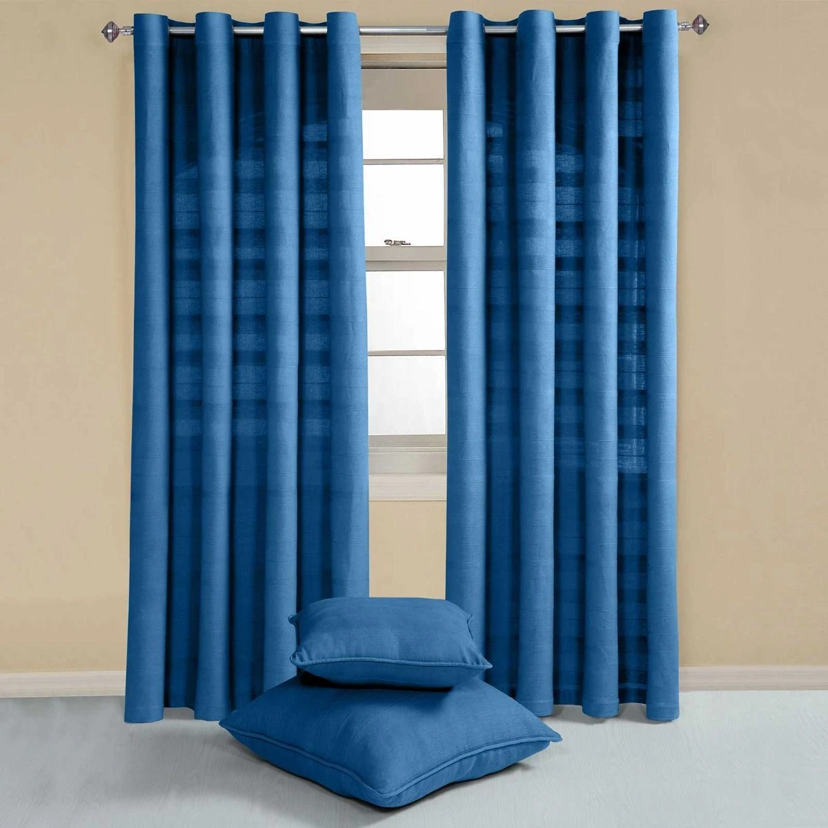 Cotton Rajput Ribbed Blue Curtain Pair 4 Cotton Rajput Ribbed Blue Curtain Pair - Image 2