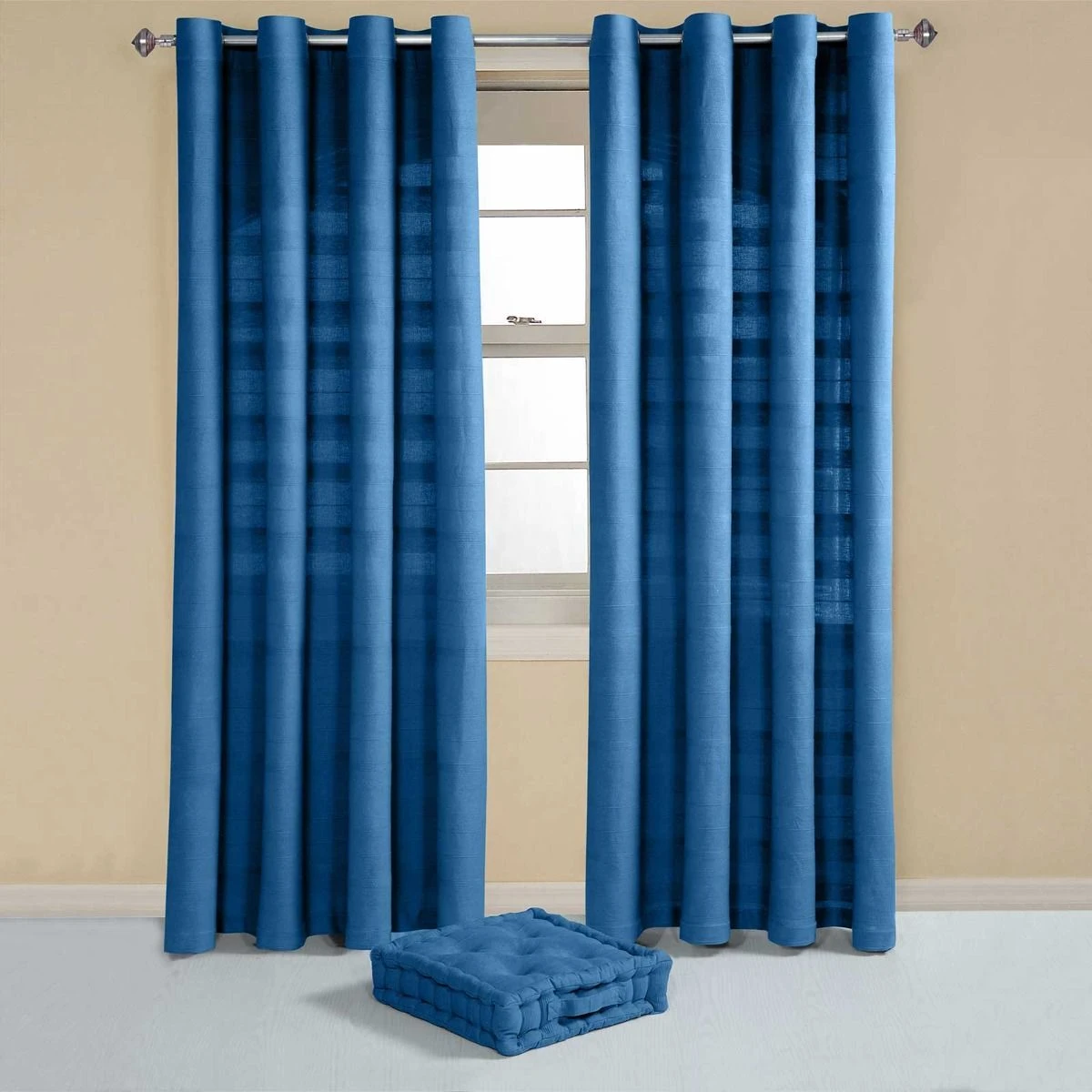 Cotton Rajput Ribbed Blue Curtain Pair 5 Cotton Rajput Ribbed Blue Curtain Pair - Image 3