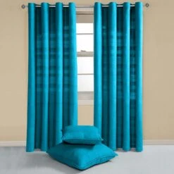 Cotton Rajput Ribbed Teal Curtain Pair -Best Homeware Store sf1137 2 5
