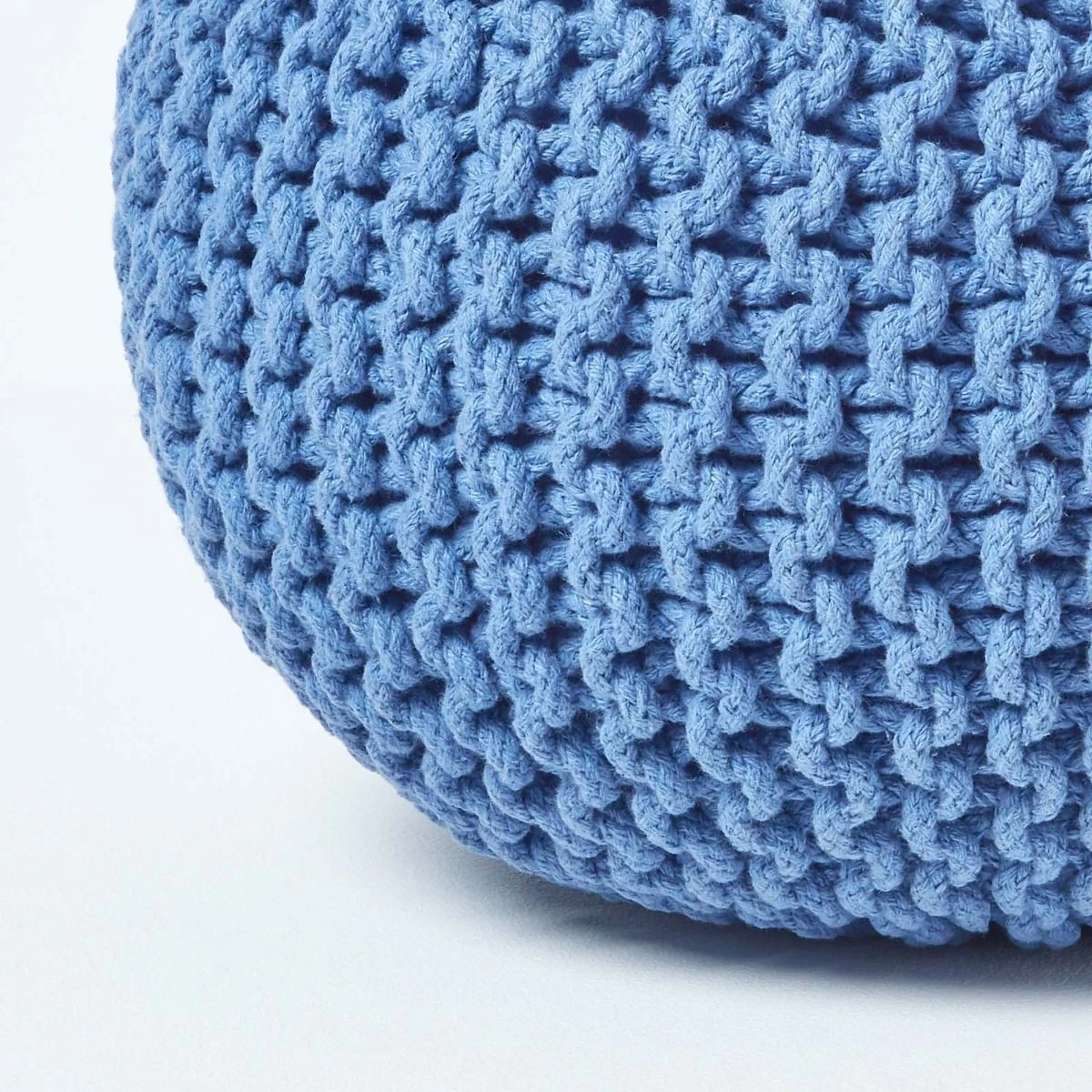 Blue Round Cotton Knitted Pouffe Footstool 6 Blue Round Cotton Knitted Pouffe Footstool - Image 4