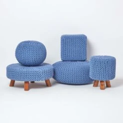 Blue Round Cotton Knitted Pouffe Footstool 12 Blue Round Cotton Knitted Pouffe Footstool -Best Homeware Store sf1231a 05