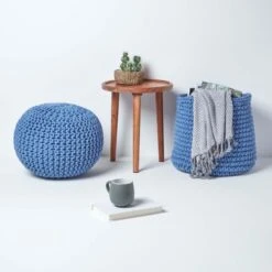 Blue Round Cotton Knitted Pouffe Footstool 13 Blue Round Cotton Knitted Pouffe Footstool -Best Homeware Store sf1231a 06 1