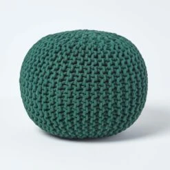 Forest Green Round Cotton Knitted Pouffe Footstool
