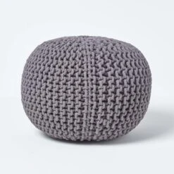 Sea Grey Round Cotton Knitted Pouffe Footstool