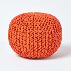 Burnt Orange Round Cotton Knitted Pouffe Footstool