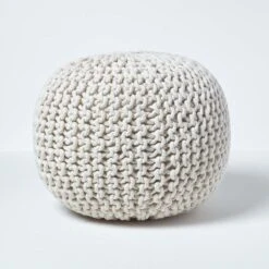 Natural Round Cotton Knitted Pouffe Footstool