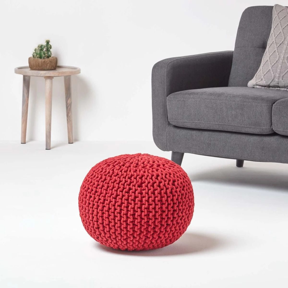Red Round Cotton Knitted Pouffe Footstool 4 Red Round Cotton Knitted Pouffe Footstool - Image 2