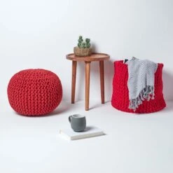 Red Round Cotton Knitted Pouffe Footstool 13 Red Round Cotton Knitted Pouffe Footstool -Best Homeware Store sf1231h 06