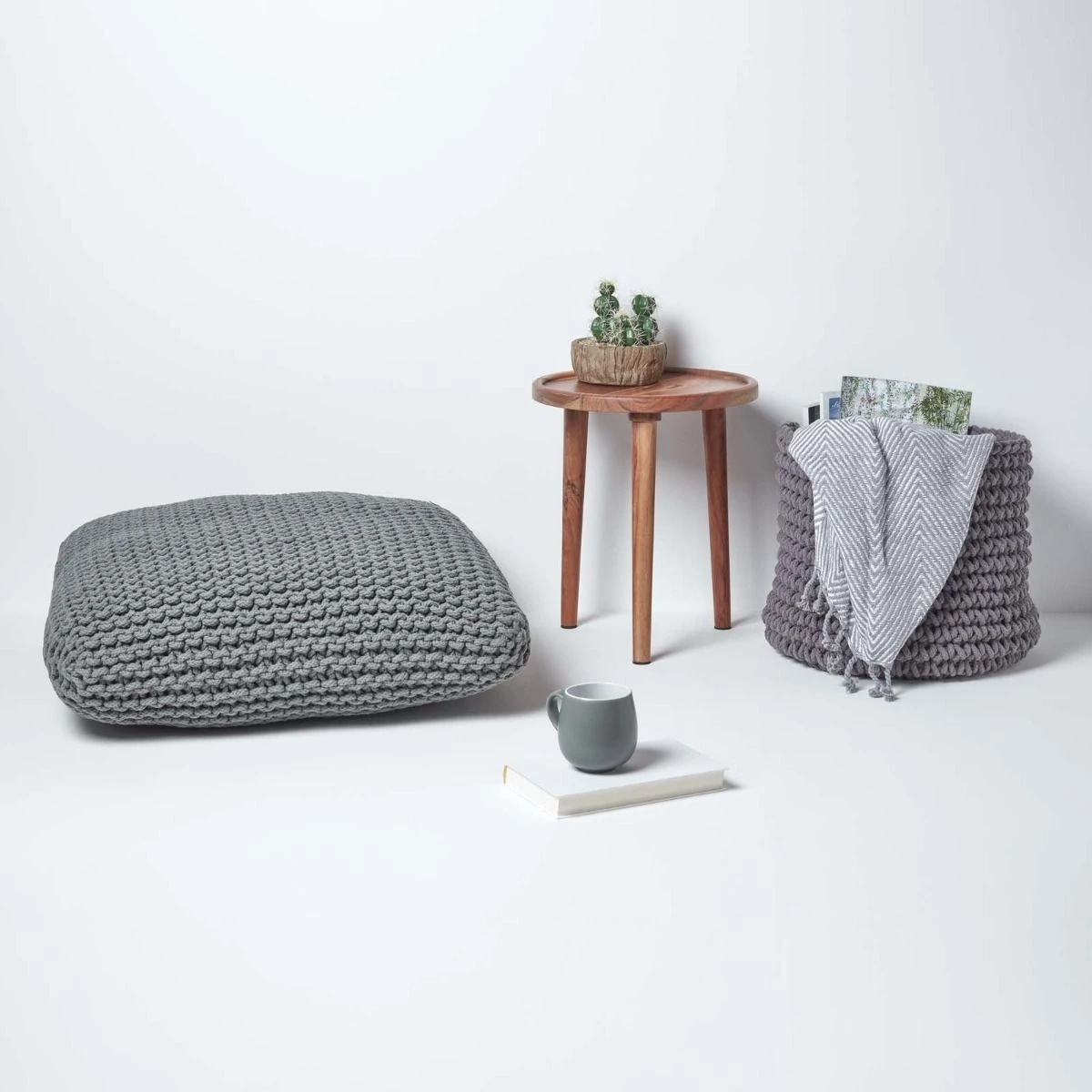 Grey Square Cotton Knitted Pouffe Floor Cushion 8 Grey Square Cotton Knitted Pouffe Floor Cushion - Image 6