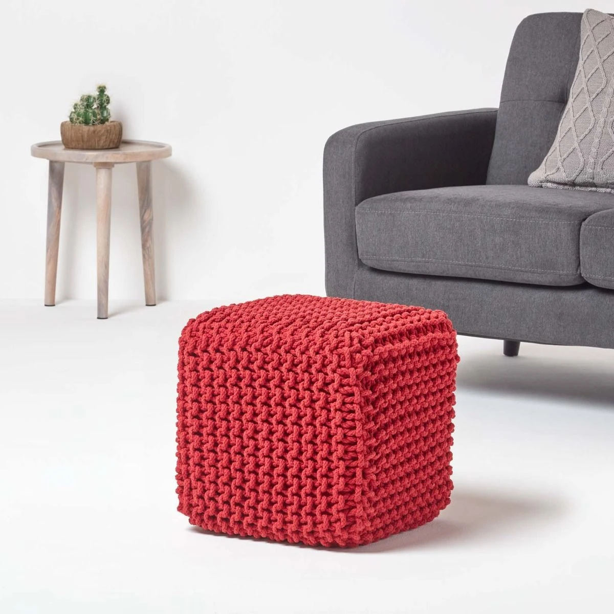 Red Cube Cotton Knitted Pouffe Footstool 4 Red Cube Cotton Knitted Pouffe Footstool - Image 2