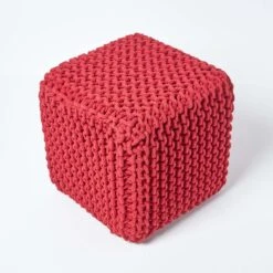 Red Cube Cotton Knitted Pouffe Footstool 10 Red Cube Cotton Knitted Pouffe Footstool -Best Homeware Store sf1232h 03 1