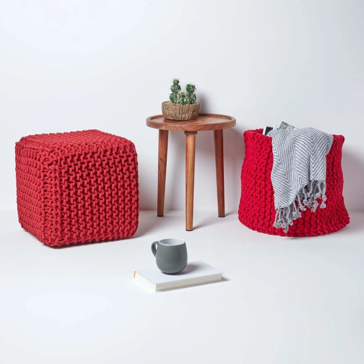 Red Cube Cotton Knitted Pouffe Footstool 8 Red Cube Cotton Knitted Pouffe Footstool - Image 6