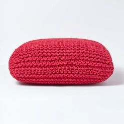 Red Square Cotton Knitted Pouffe Floor Cushion