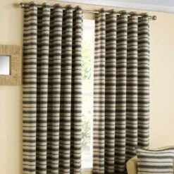 Charcoal And Beige 'Horizon' Striped Ready Made Eyelet Curtain Pair