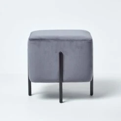 Osborne Velvet Footstool Cube With Legs, Grey