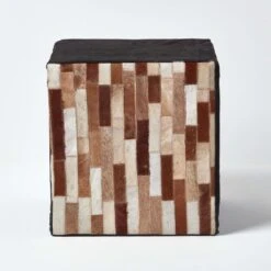 Brown And Black Patchwork Cube Pouffe Suede Leather 36 X 36 X 38 Cm