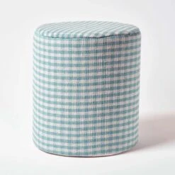 Blue Gingham Check Round Pouffe Cotton 40 X 42 Cm