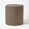 Jute Round Pouffe Black And Off-White Herringbone Pattern, 40 X 40 X 42 Cm