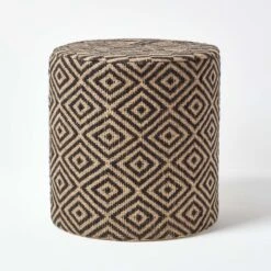 Jute Round Pouffe Black And Off-White Herringbone Pattern, 40 X 40 X 42 Cm