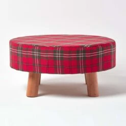 Traditional Red, Green And White Tartan Flat Footstool With Legs