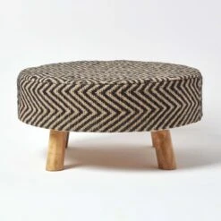 Black And Natural Circular Footstool With Diamond Pattern