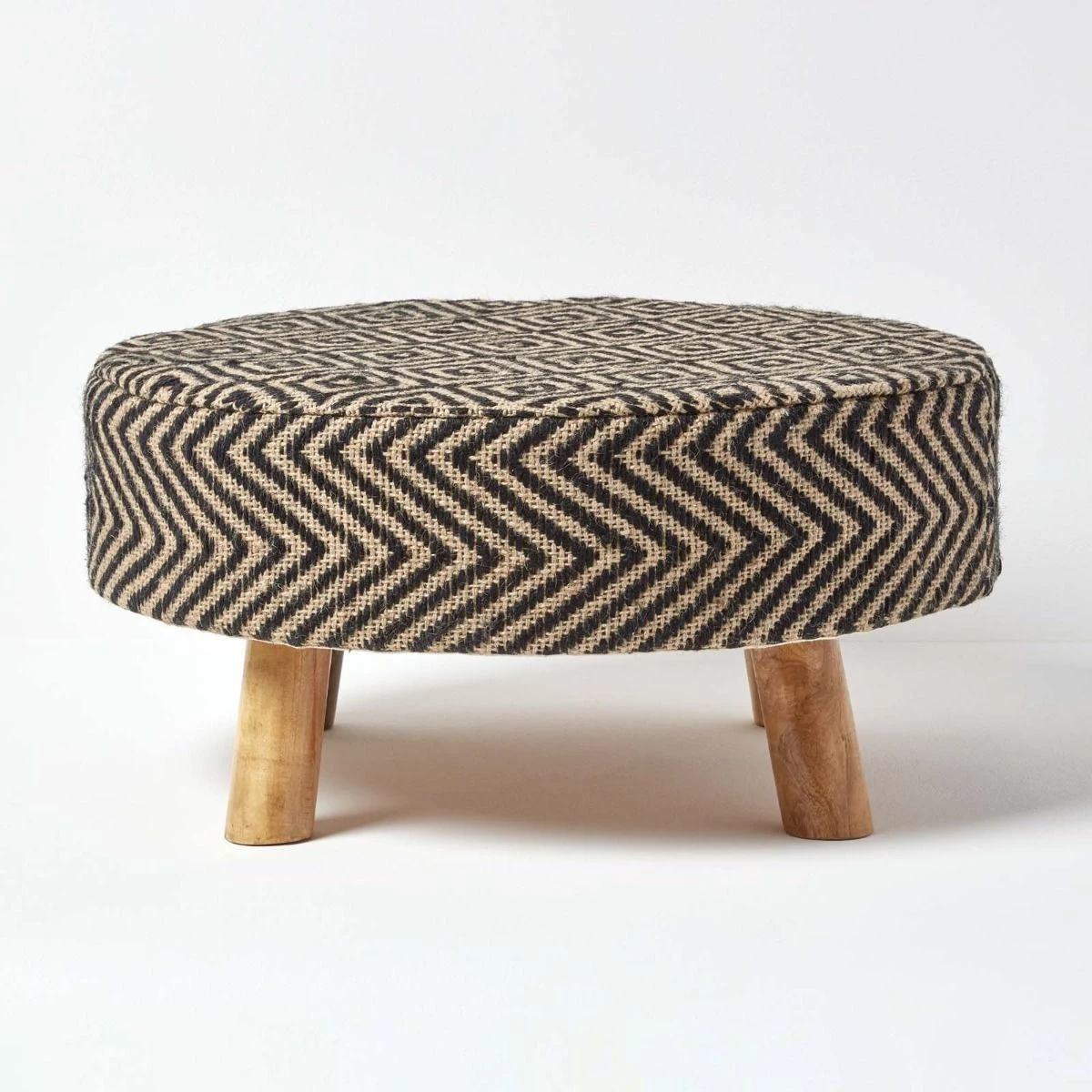 Black And Natural Circular Footstool With Diamond Pattern 3 Black And Natural Circular Footstool With Diamond Pattern