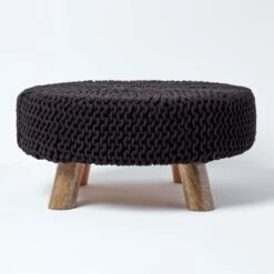 Black Large Round Cotton Knitted Footstool On Legs