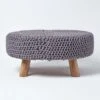 Sea Grey Large Round Cotton Knitted Footstool On Legs