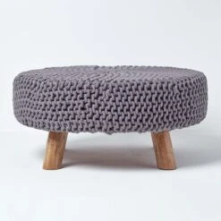 Sea Grey Large Round Cotton Knitted Footstool On Legs