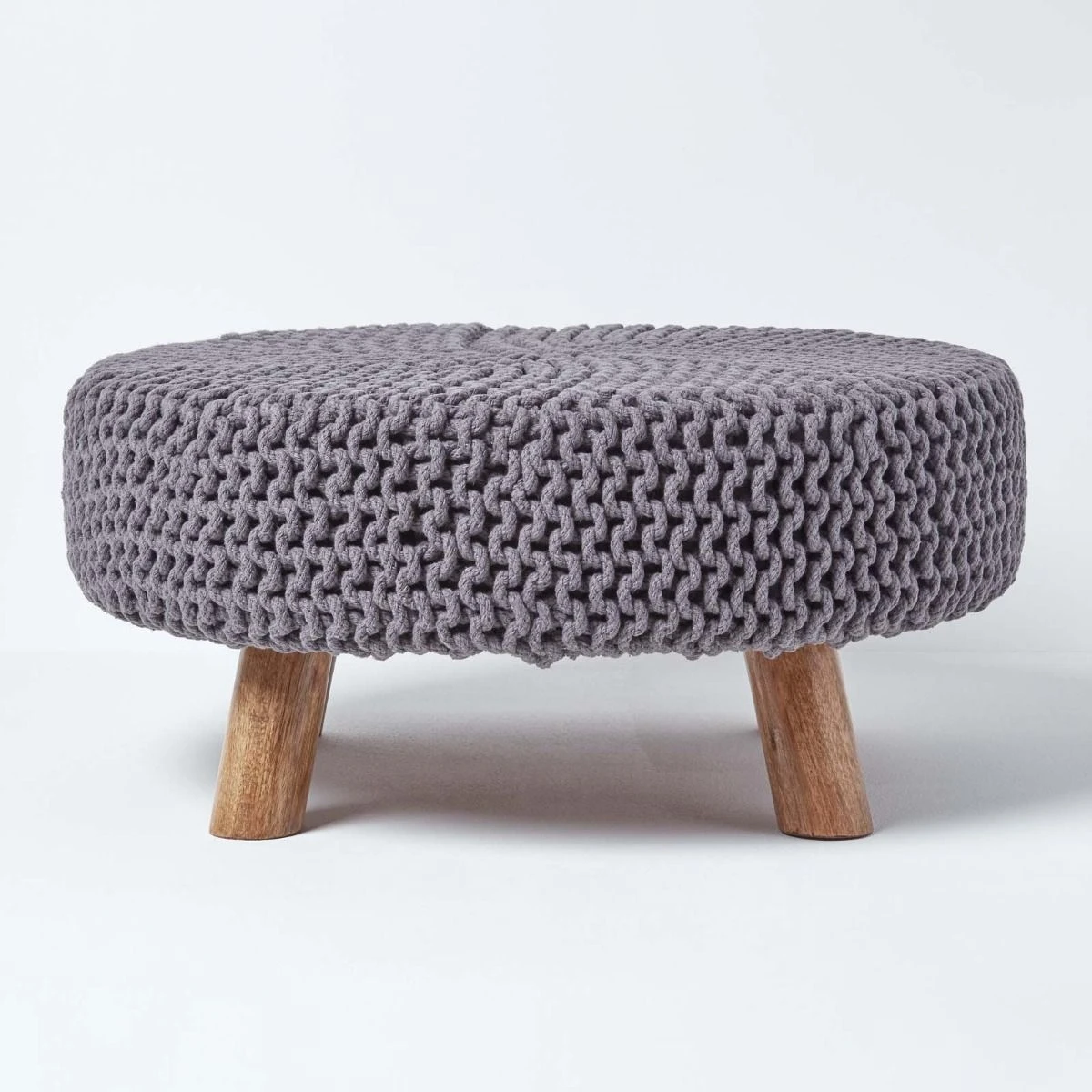 Sea Grey Large Round Cotton Knitted Footstool On Legs 3 Sea Grey Large Round Cotton Knitted Footstool On Legs