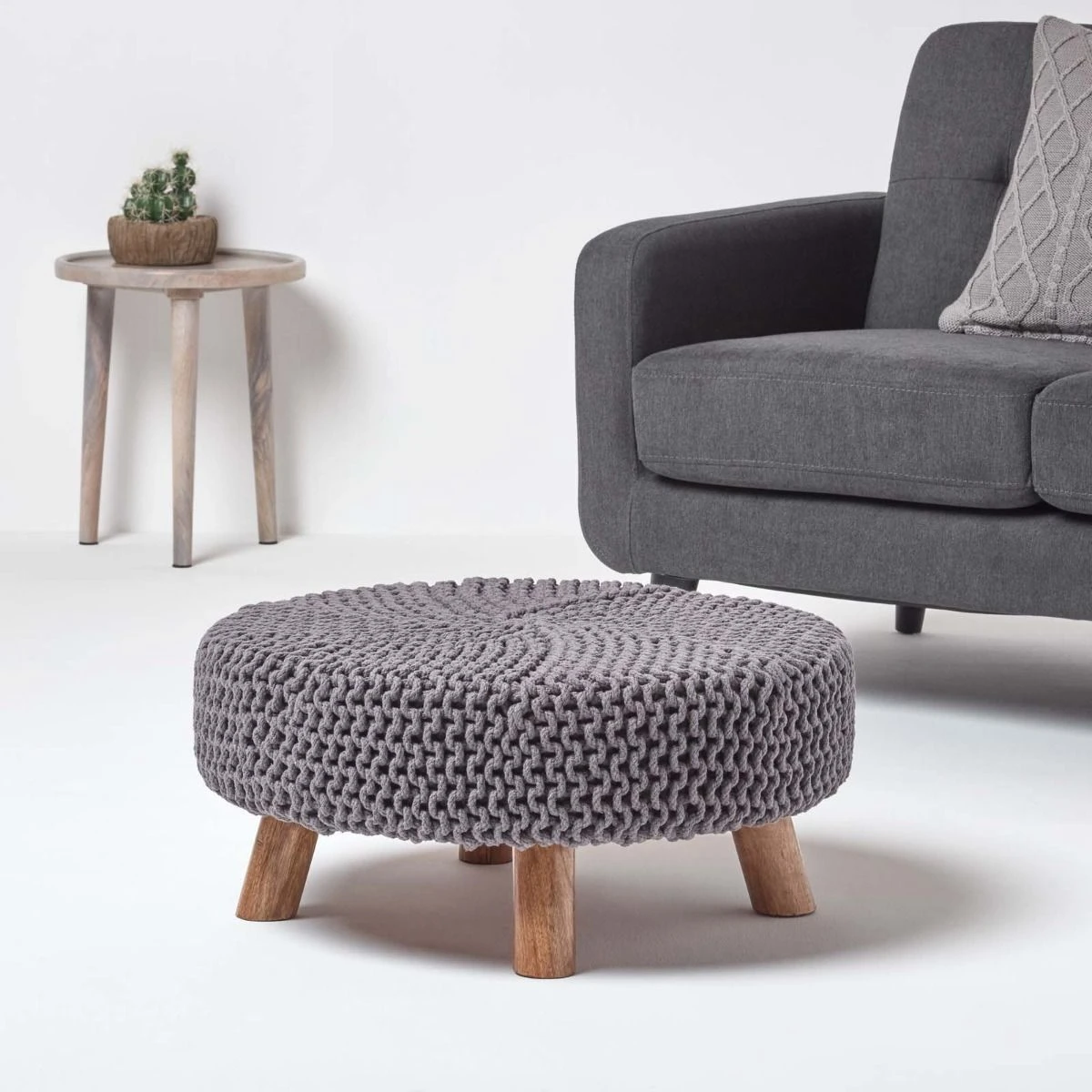 Sea Grey Large Round Cotton Knitted Footstool On Legs 4 Sea Grey Large Round Cotton Knitted Footstool On Legs - Image 2