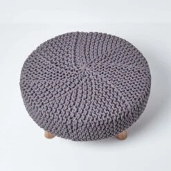 Sea Grey Large Round Cotton Knitted Footstool On Legs 10 Sea Grey Large Round Cotton Knitted Footstool On Legs -Best Homeware Store sf1584 03