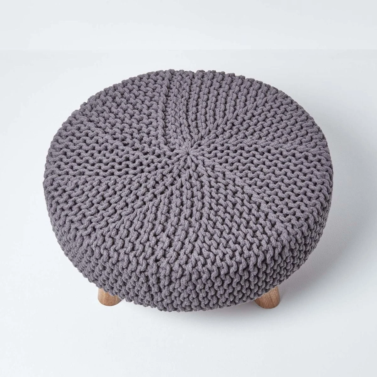 Sea Grey Large Round Cotton Knitted Footstool On Legs 5 Sea Grey Large Round Cotton Knitted Footstool On Legs - Image 3