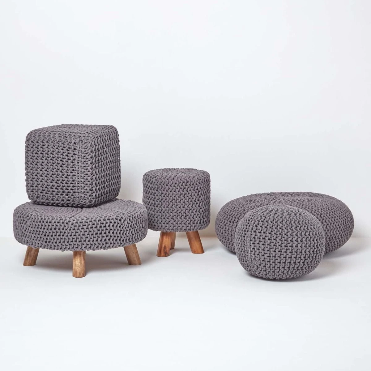 Sea Grey Large Round Cotton Knitted Footstool On Legs 7 Sea Grey Large Round Cotton Knitted Footstool On Legs - Image 5