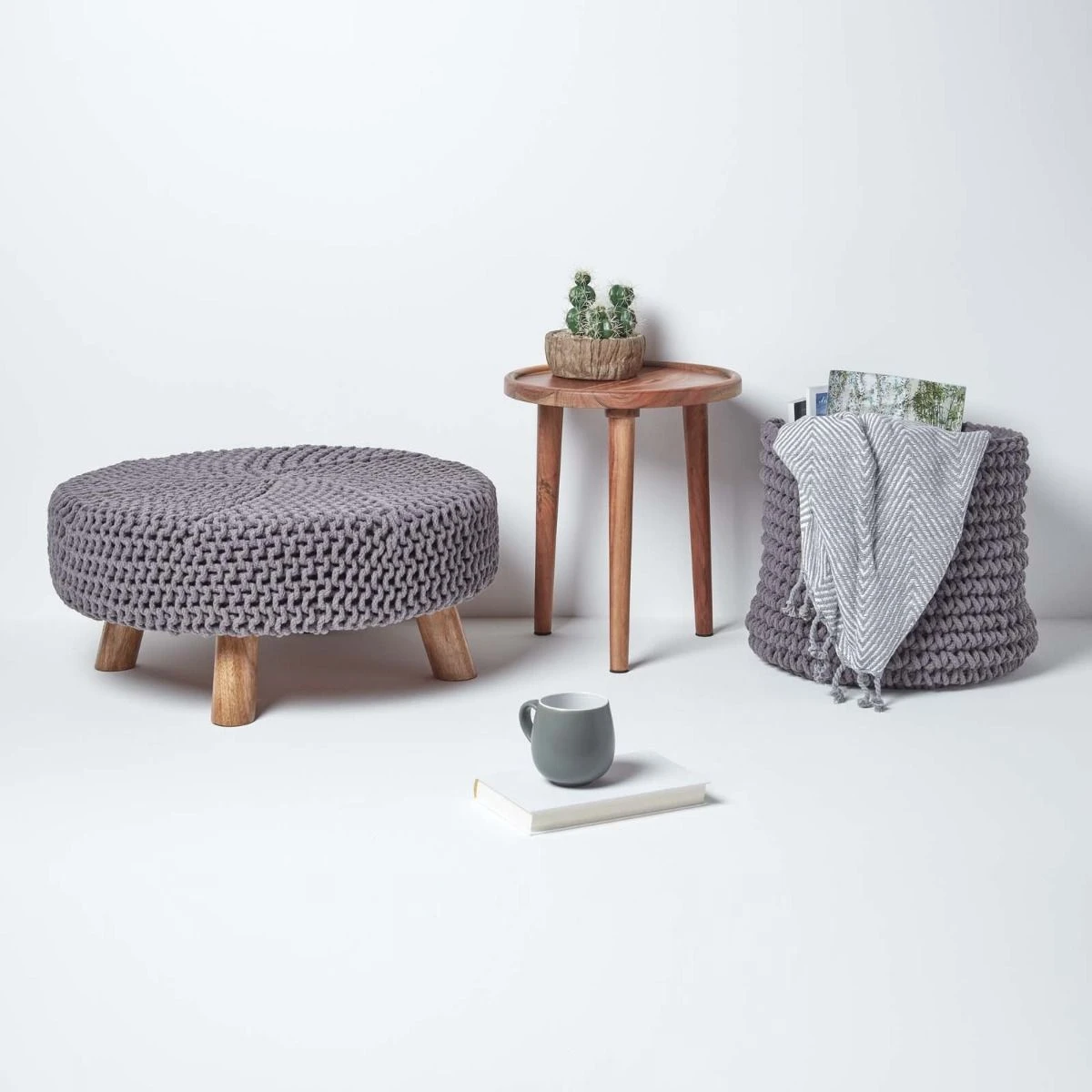 Sea Grey Large Round Cotton Knitted Footstool On Legs 8 Sea Grey Large Round Cotton Knitted Footstool On Legs - Image 6