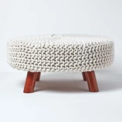 Natural Large Round Cotton Knitted Footstool On Legs