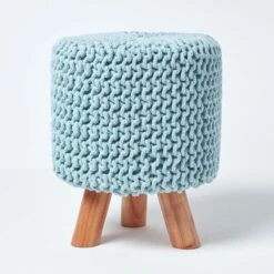 Pastel Blue Tall Cotton Knitted Footstool On Legs