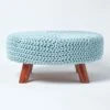 Pastel Blue Large Round Cotton Knitted Footstool On Legs