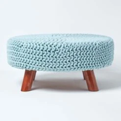 Pastel Blue Large Round Cotton Knitted Footstool On Legs