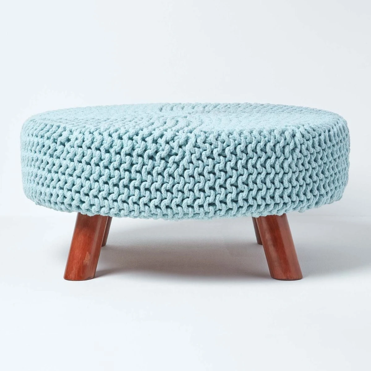 Pastel Blue Large Round Cotton Knitted Footstool On Legs 3 Pastel Blue Large Round Cotton Knitted Footstool On Legs