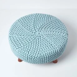Pastel Blue Large Round Cotton Knitted Footstool On Legs 10 Pastel Blue Large Round Cotton Knitted Footstool On Legs -Best Homeware Store sf1588 03