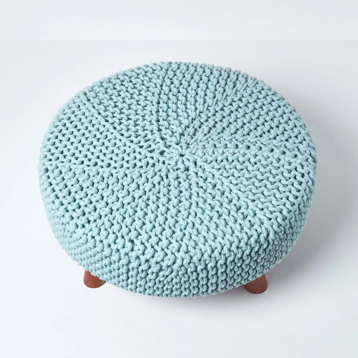 Pastel Blue Large Round Cotton Knitted Footstool On Legs 5 Pastel Blue Large Round Cotton Knitted Footstool On Legs - Image 3