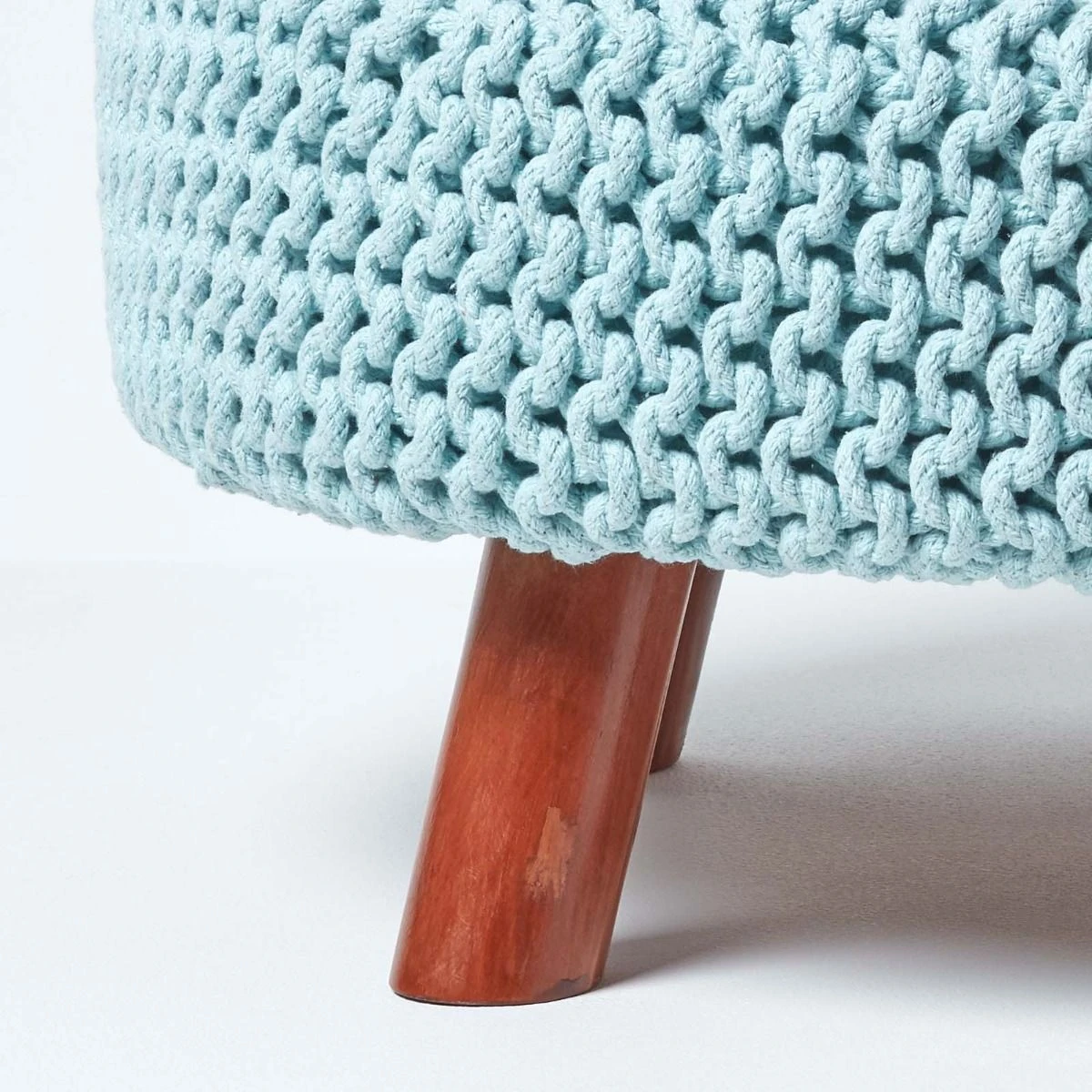 Pastel Blue Large Round Cotton Knitted Footstool On Legs 6 Pastel Blue Large Round Cotton Knitted Footstool On Legs - Image 4