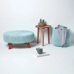 Pastel Blue Large Round Cotton Knitted Footstool On Legs 13 Pastel Blue Large Round Cotton Knitted Footstool On Legs -Best Homeware Store sf1588 06