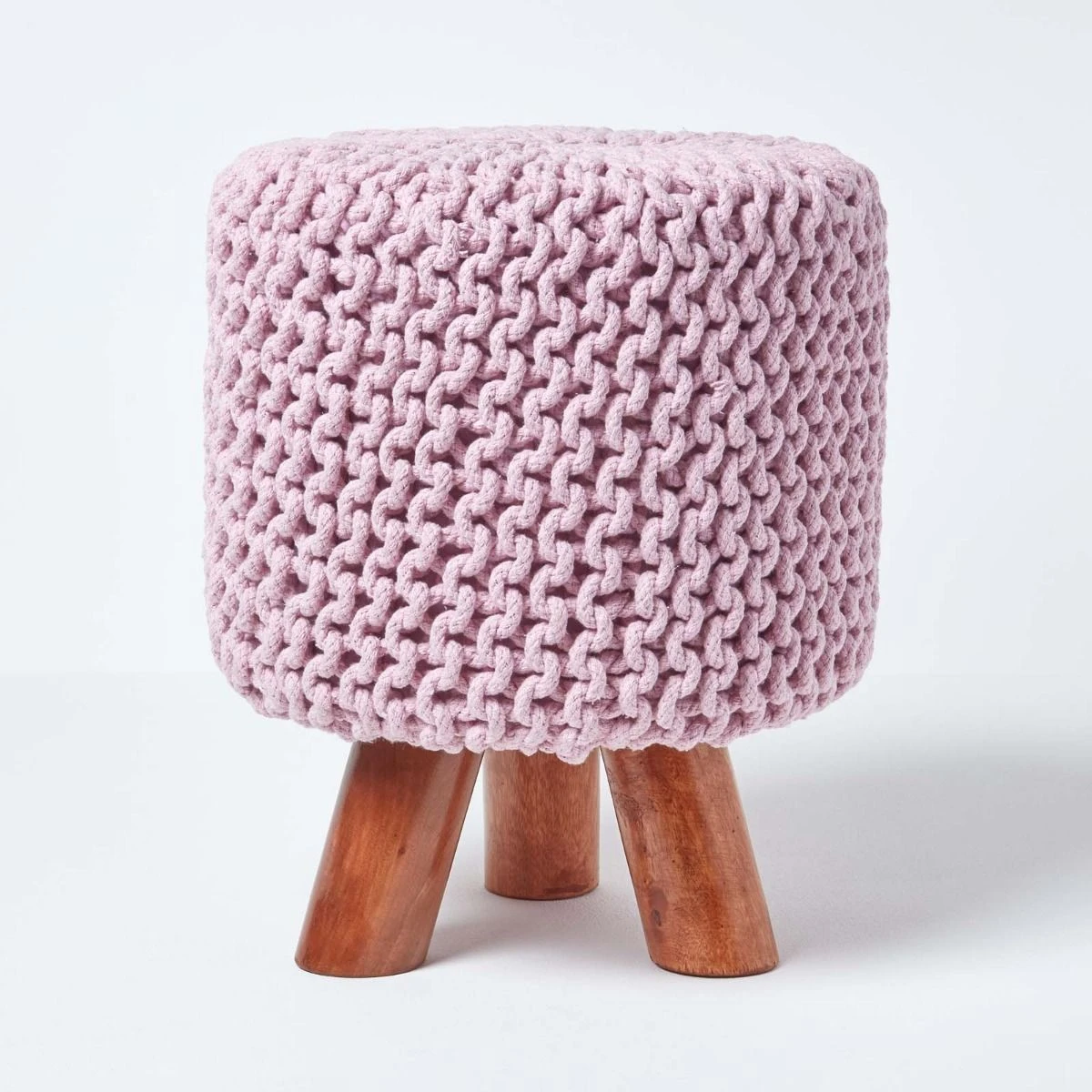 Pastel Pink Tall Cotton Knitted Footstool On Legs 3 Pastel Pink Tall Cotton Knitted Footstool On Legs