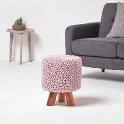 Pastel Pink Tall Cotton Knitted Footstool On Legs 9 Pastel Pink Tall Cotton Knitted Footstool On Legs -Best Homeware Store sf1589 02